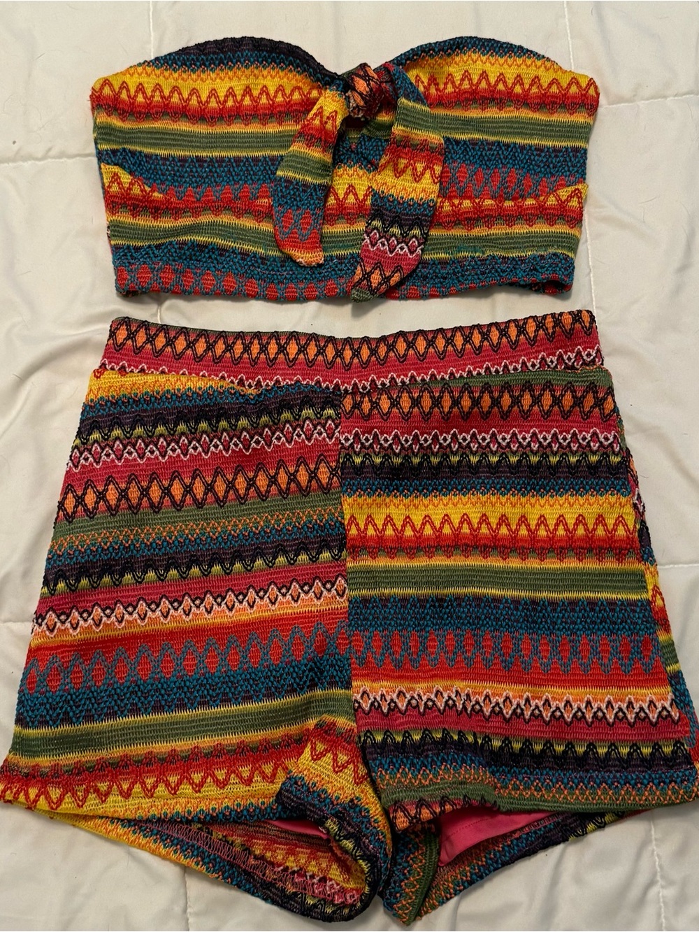 SHEIN Multicolor Strapless Crochet Romper Set - Yellow, Red, Blue, Green